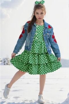 Kız Çocuk Çiçek Baskılı Kot Ceket Puantiyeli Kat Kat Piliseli Yeşil Elbise