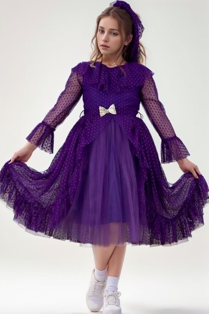 Kız Çocuk Güpür Detaylı Yakası Fırfırlı Puantiyeli Eteği Kabarık Tüllü Mor Abiye