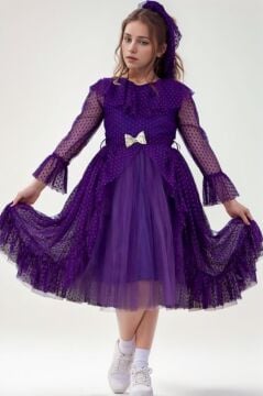 Kız Çocuk Güpür Detaylı Yakası Fırfırlı Puantiyeli Eteği Kabarık Tüllü Mor Abiye