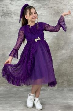 Kız Çocuk Güpür Detaylı Yakası Fırfırlı Puantiyeli Eteği Kabarık Tüllü Mor Abiye