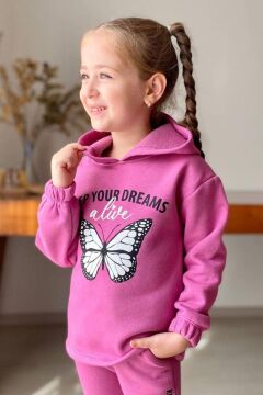 Kız Çocuk Bilekleri ve Paçası Lastikli Kelebek ve Yazı Figürlü Fuşya Eşofman Takım