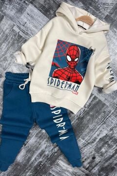 Erkek Çocuk Örümcek Adam Digital Baskılı Kapşonlu Sweat Mavi Eşofman Takım