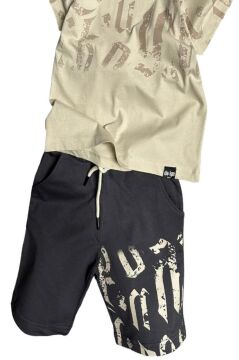 Erkek Çocuk Eskitme Desenli Bej Şortlu Takım