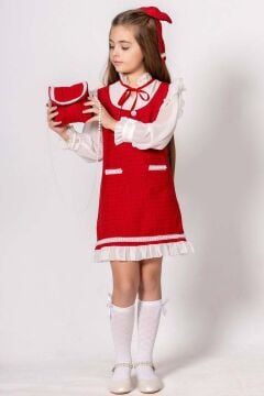 Kız Çocuk Kolları ve Yakası Şifon Etek Ucu Fırfırlı İnci İşlemeli Çift Cepli Kırmızı Triko Elbise