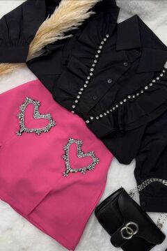 Kız Çocuk Taş İşlemeli Fırfırlı Pembe Etekli Takım