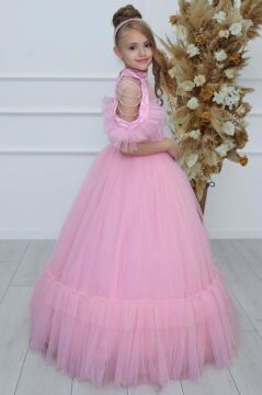 Kız Çocuk Göğsü Simli Jakar Detaylı Çıkarılabilir Yaka Omuzları İncili Kolsuz Pembe Abiye