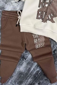 Erkek Çocuk Önü Yazı Ve Dino Baskılı Kapşonlu Sweatshirt 3 İplik Kahverengi Eşofman Takım