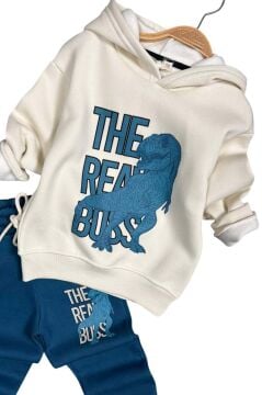 Erkek Çocuk Önü Yazı Ve Dino Baskılı Kapşonlu Sweatshirt 3 İplik Mavi Eşofman Takım