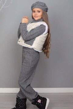 Kız Çocuk Balıkçı Yaka Ekose Desenli Füme Alt ÜSt Takım