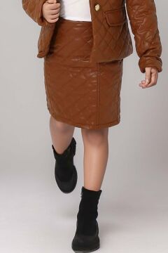 Kız Çocuk Boğazlı Kazak Kapitone Detaylı Ceket Deri Kahverengi Etekli Takım