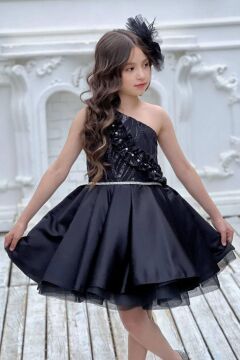 Kız Çocuk Tek Omuz Taş Detaylı Eteği Kabarık Siyah Abiye