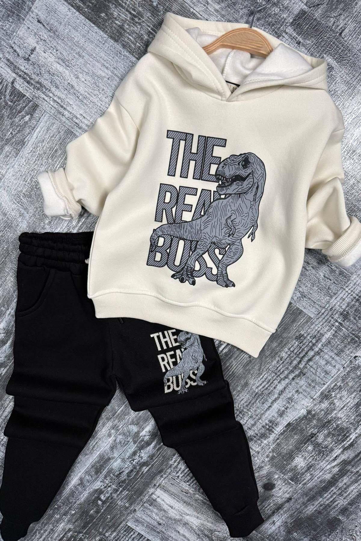 Erkek Çocuk Önü Yazı Ve Dino Baskılı Kapşonlu Sweatshirt 3 İplik Siyah Eşofman Takım