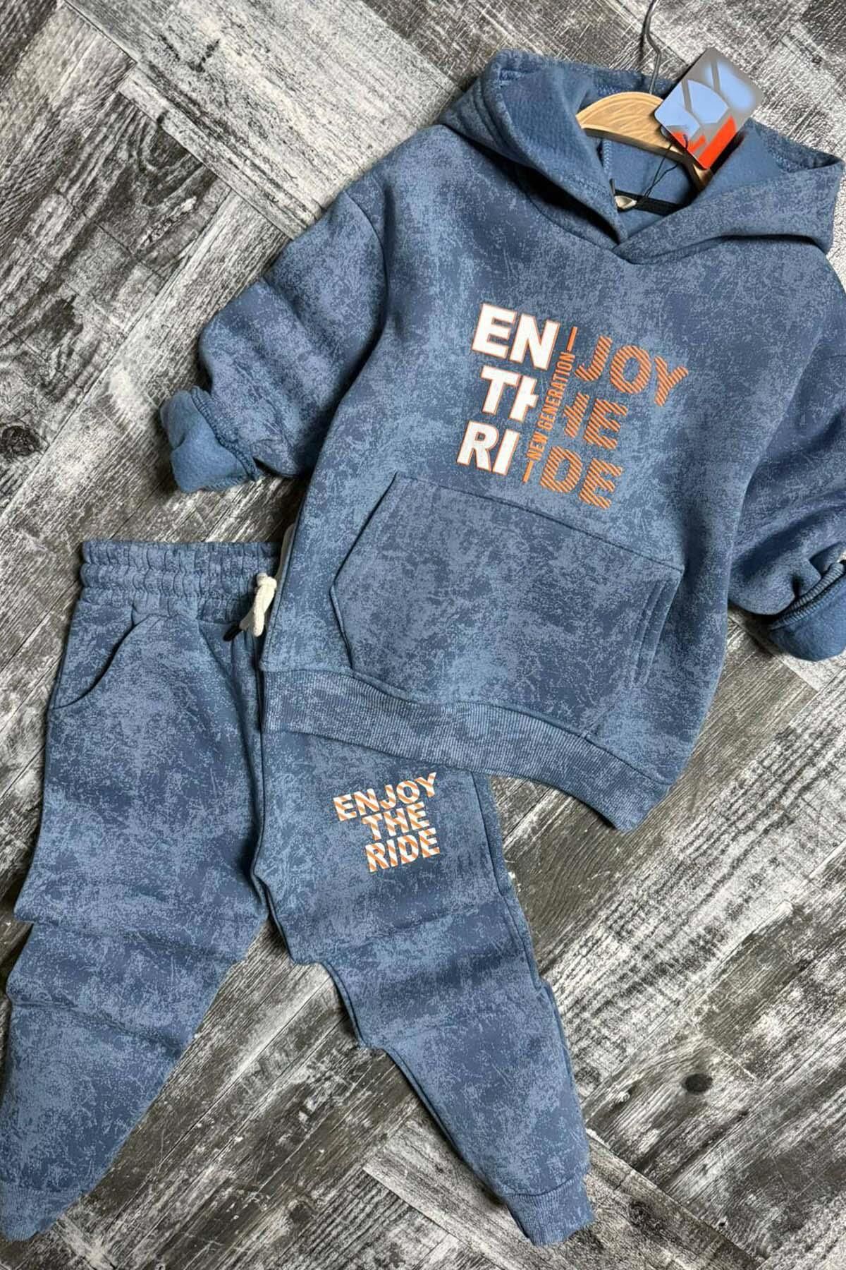 Erkek Çocuk Enjoy The Kalıp Baskılı Kapşonlu Sweatshirt Mavi Eşofman Takım