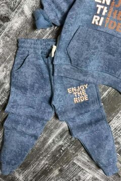 Erkek Çocuk Enjoy The Kalıp Baskılı Kapşonlu Sweatshirt Mavi Eşofman Takım