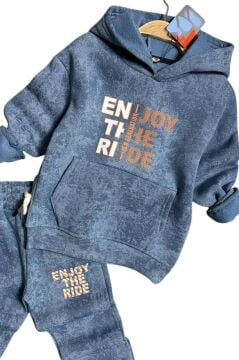 Erkek Çocuk Enjoy The Kalıp Baskılı Kapşonlu Sweatshirt Mavi Eşofman Takım