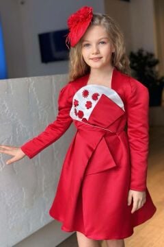 Kız Çocuk Kare Yaka Göğsü Pano Çiçek Asimetrik Kesim Kırmızı Elbise