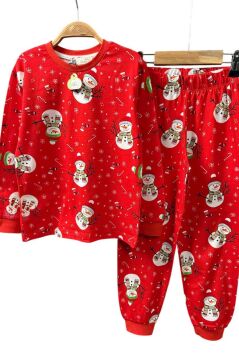 Erkek Çocuk Üzeri Kardan Adam ve Noel Baskılı Kırmızı Pijama Takımı