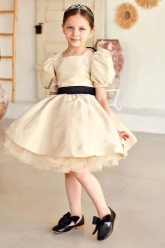 Kız Çocuk Beli Şerit Detaylı Arkası Simli Fiyonk Balon Kollu Gold Abiye
