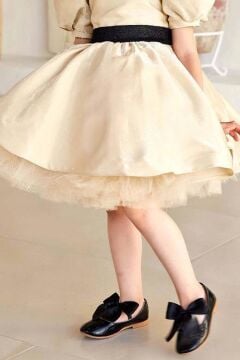 Kız Çocuk Beli Şerit Detaylı Arkası Simli Fiyonk Balon Kollu Gold Abiye