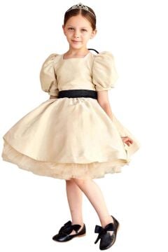 Kız Çocuk Beli Şerit Detaylı Arkası Simli Fiyonk Balon Kollu Gold Abiye