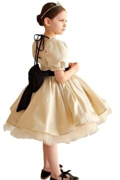 Kız Çocuk Beli Şerit Detaylı Arkası Simli Fiyonk Balon Kollu Gold Abiye