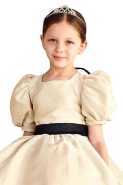 Kız Çocuk Beli Şerit Detaylı Arkası Simli Fiyonk Balon Kollu Gold Abiye