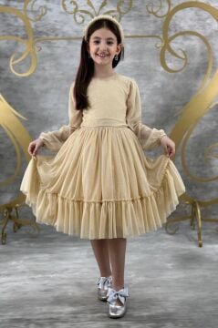 Kız Çocuk Sıfır Yaka Kolları Transparan Eteği Tüllü Simli Gold Abiye