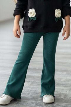 Kız Çocuk Üzeri Gül Figürlü 3 İplik Siyah Kazak Bol Kesim Skuba Kumaş Alt Üst Takım