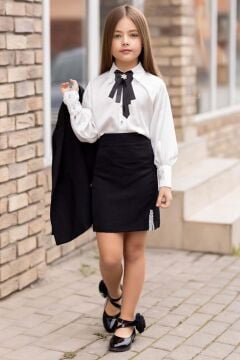 Kız Çocuk Elmas Taş Detaylı Hakim Yaka Blazer Ceket Kol Uçları Taş Düğme Gömlek Siyah Etekli Takım