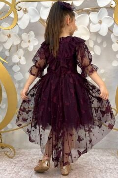 Kız Çocuk Kelebek Desenli Transparan Detaylı Kuyruklu Mürdüm Elbise