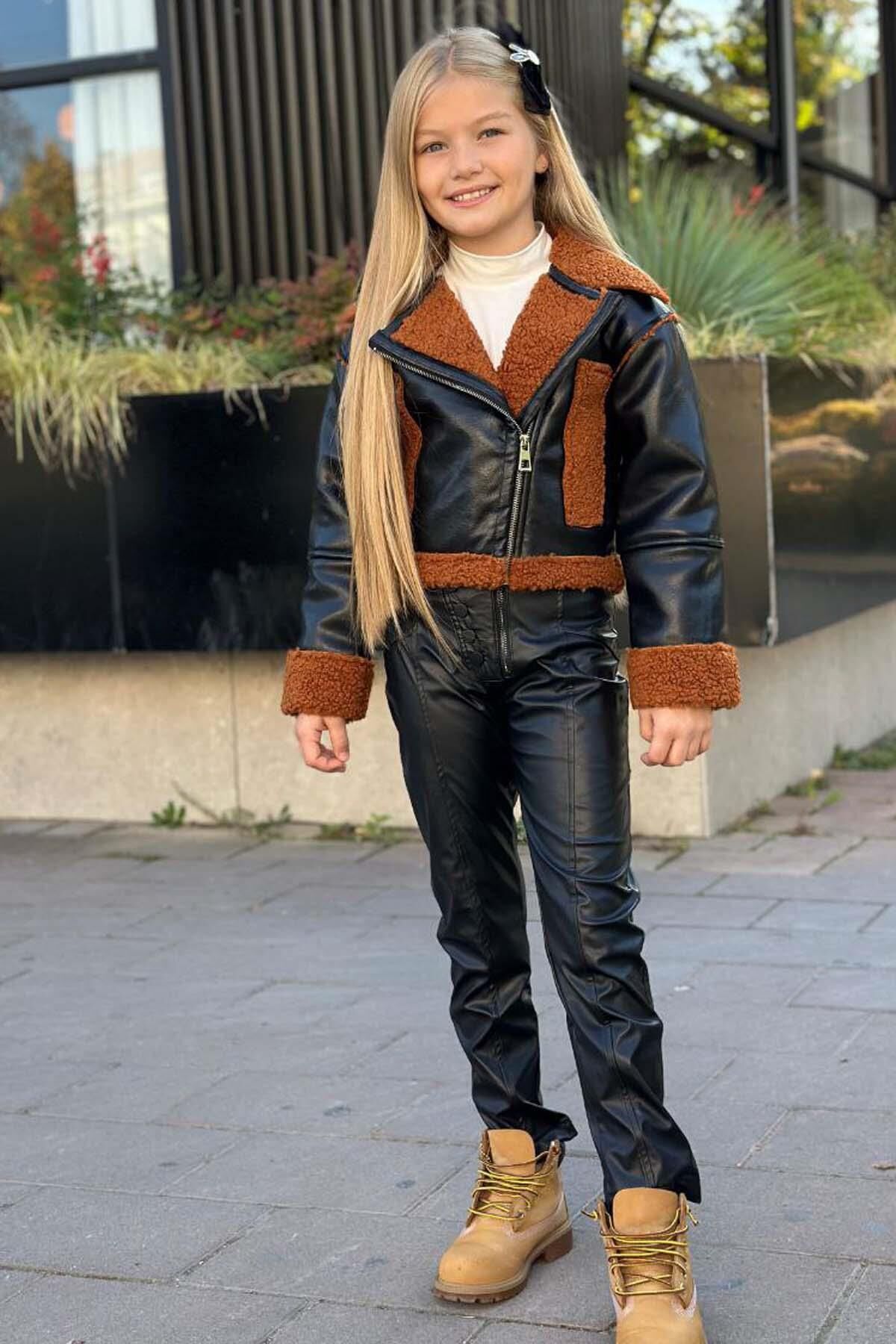 Kız Çocuk Kolları ve Yakası Peluş Detaylı Siyah Ceket Dik Yaka Kazak Deri Alt Üst Takım