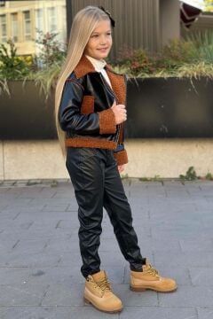 Kız Çocuk Kolları ve Yakası Peluş Detaylı Siyah Ceket Dik Yaka Kazak Deri Alt Üst Takım