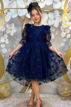 Kız Çocuk Kelebek Desenli Transparan Detaylı Kuyruklu Lacivert Elbise