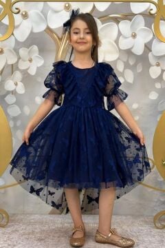 Kız Çocuk Kelebek Desenli Transparan Detaylı Kuyruklu Lacivert Elbise