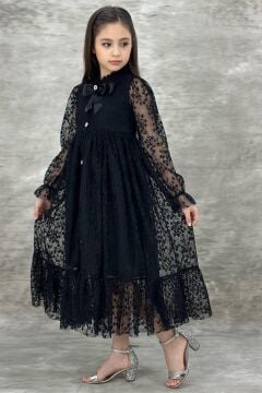 Kız Çocuk Boydan Düğmeli Dantel İşlemeli Siyah Elbise