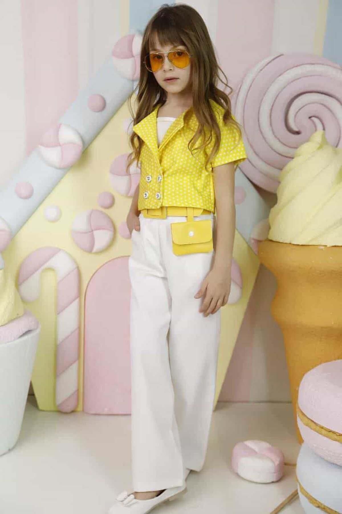 Kız Çocuk Puantiye Desenli Kısa Kollu Sarı Alt Üst Takım