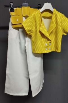 Kız Çocuk Puantiye Desenli Kısa Kollu Sarı Alt Üst Takım