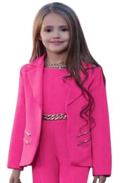 Kız Çocuk Blazer Ceket ve Zincir Detaylı Fuşya Tulum