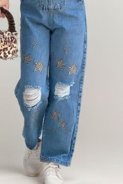 Kız Çocuk Leopar Desenli Balon Kollu Bluz Yıldız Baskılı Yırtık Detaylı Kot Tulum