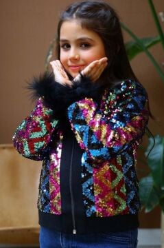 Kız Çocuk Pulpayet ve Kol Uçları Tüy Detaylı Ceket, Denim Pantolonlu, Siyah Alt Üst Takım