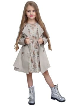 Kız Çocuk Çiçek Desenli Piliseli Duman Gri Trençkotlu Elbise