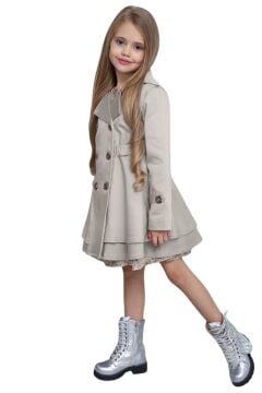 Kız Çocuk Çiçek Desenli Piliseli Duman Gri Trençkotlu Elbise