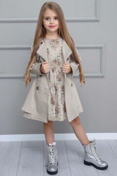 Kız Çocuk Çiçek Desenli Piliseli Duman Gri Trençkotlu Elbise