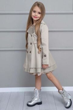 Kız Çocuk Çiçek Desenli Piliseli Duman Gri Trençkotlu Elbise