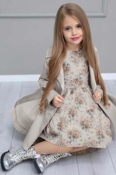Kız Çocuk Çiçek Desenli Piliseli Duman Gri Trençkotlu Elbise