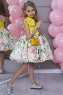 Kız Çocuk Tek Omuz Gül Broşlu Eteği Kabarık Çiçek Desenli Sarı Abiye