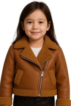 Kız Çocuk Kolları ve Yakası Peluş Detaylı Kahverengi Ceket Dik Yaka Kazak Deri Alt Üst Takım