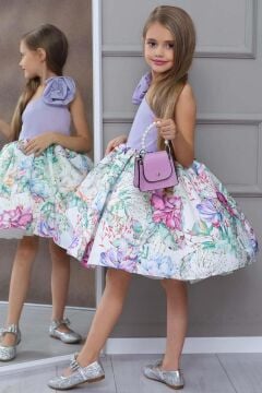 Kız Çocuk Tek Omuz Gül Broşlu Eteği Kabarık Çiçek Desenli Lila Abiye