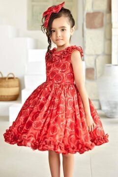 Kız Çocuk Yakası ve Etek Ucu Fırfırlı Üzeri Gül Baskılı Kolsuz Kırmızı Elbise
