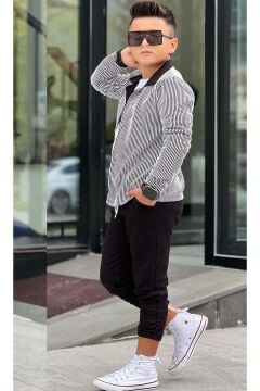 Erkek Çocuk Su Yolu Çizgili Ceket Penye Kazak 2 İplik Pantolon Siyah Alt Üst Takım